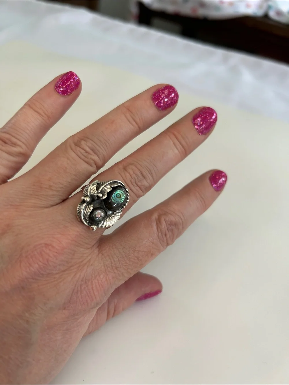 Sterling Silver Abalone Shell Statement Ring Leaf Motif Size 7.5